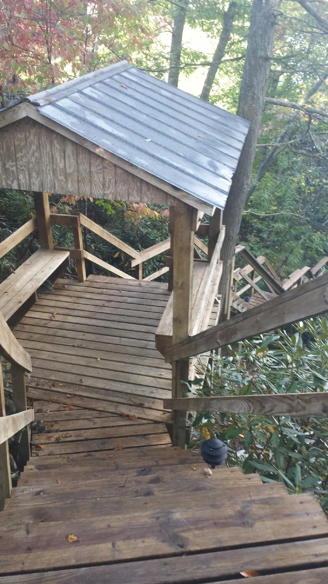 Metal roofed shelter over wooden steps on a wooded walkway — Skylight Repair & Installation work by our crew in Modena